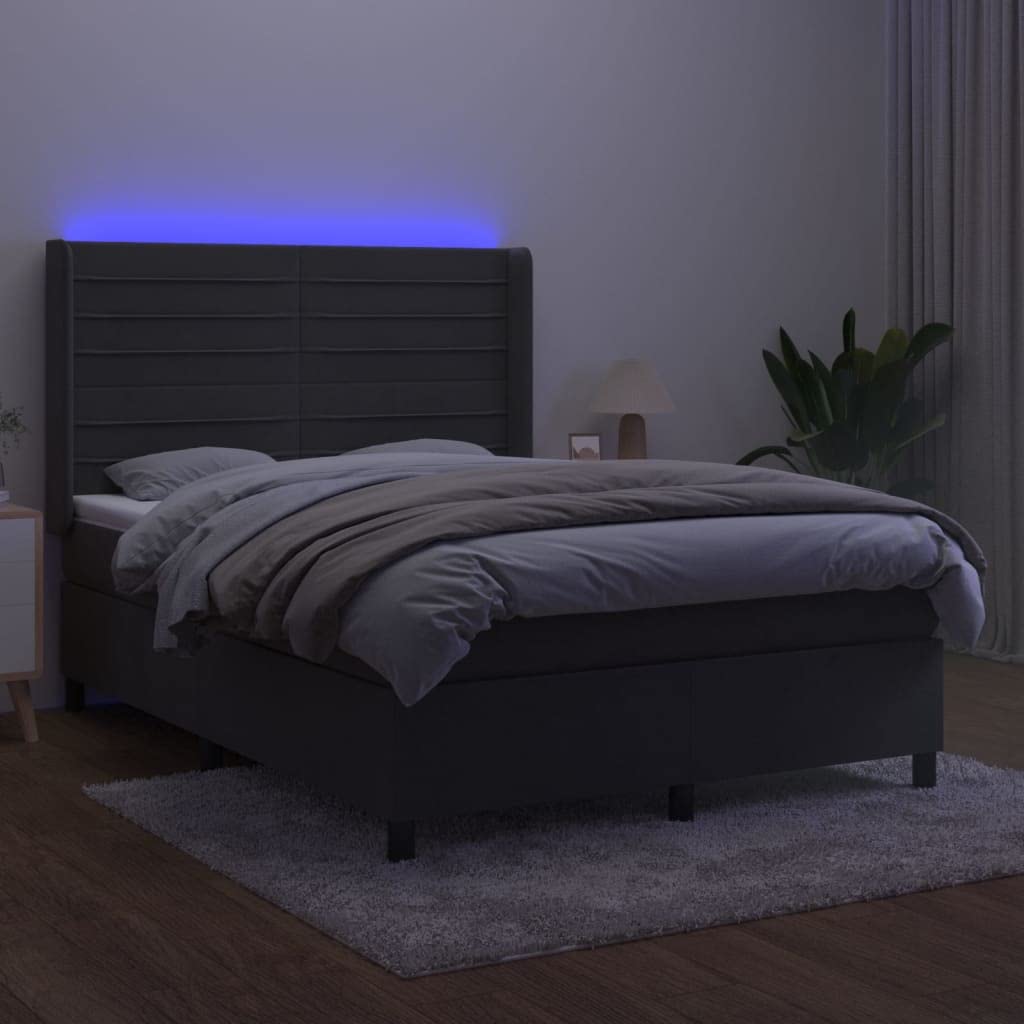 aksamit z regulowanym zagłówkiem kontynentalne Szary 140x190 cm | Łóżko kontynentalne z materacem i LED, szary aksamit 140x190cm, regulowany zagłówek, oświetlenie RGB