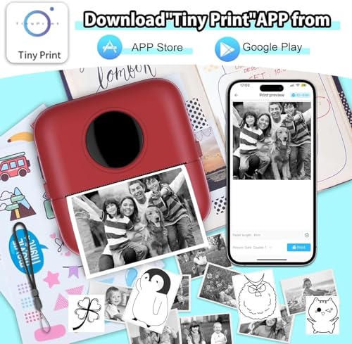 Image of HuiJuKeJi Mini Printer, Pocket Printer, Mini Photo Printer for Smartphone, Sticker Printer, Thermal Photo Printer for Journal, Travel Logo, Notes, Journal, List, Memo (Red)