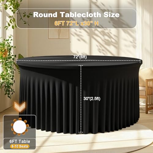 2Pack Black Round Spandex Tablecloths for 72inch/6FT Tables - Stretchy Fitted 6FT Round Table Cloths Wrinkle Free 132inch Table Cloth with Skirt for Wedding Birthday Graduation Party Banquet