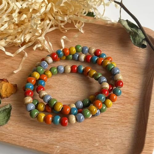 Native American Bracelet for Women Cute Colorful Ceramic Wrap Bracelet 3 Row Wide Layered Stackable Beaded Stretch Bracelet Vintage Native Jewelry Bohemian Hippie Sweater Necklace for Ladies2