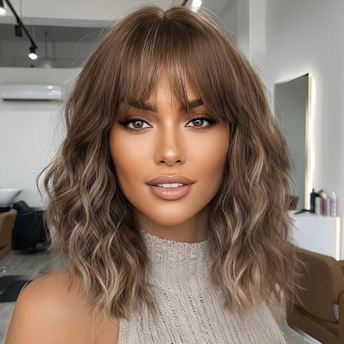 Image of Nnzes Short Wavy Bob Wig with Bangs for Women Shoulder Length Curly Soft Light Brown with Blonde Highlights Synthetic Heat-Resistant Fiber Hair for Daily & Party Use