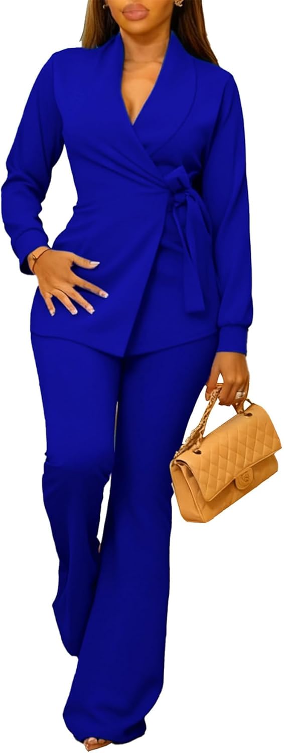 YOOTIKO Womens Business Suits 2 Piece Set Trendy Belted Blazer Flare Pants Set Casual Office Outfits