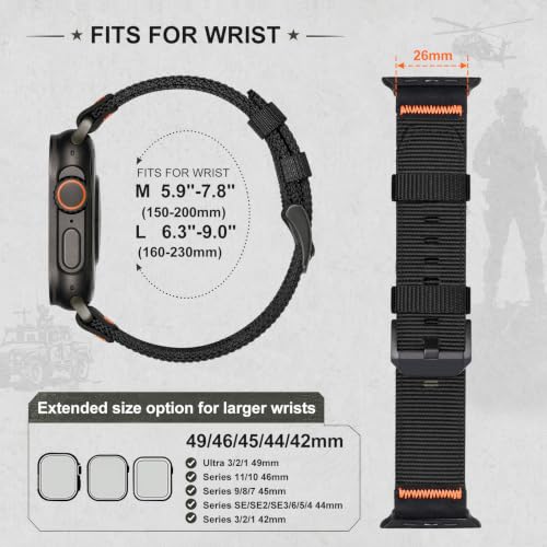 Image of Tactical Nylon Bands for Apple Watch Ultra 3 2 Band Series 11-1 /SE Men | Rugged Breathable Fabric, Nato Sport Strap, Adjustable Wristband with Metal Buckle for iWatch 49mm 46mm 45mm 44mm 42mm, M