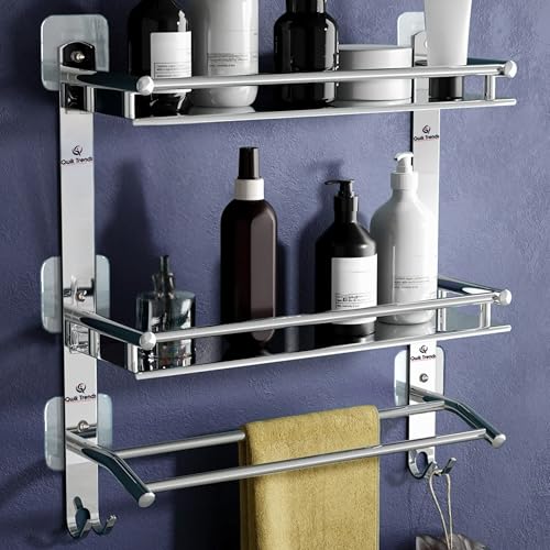 Image of Bathroom Organizer Without Drill - Corner, Shelves, Rack, Shelf, Storage, Wall, Racks and Adhesive, Mounted, self Holder, soap, Stand Bathroom Accessories
