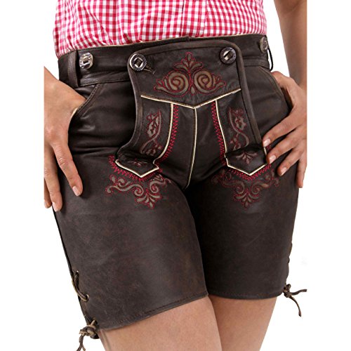 Almbock Trachten-Lederhose Damen Eva Dunkelbraun mit pinken Stickereien in Gr. 34 36 38 40 42 - Damen-Lederhose aus Büffel-Leder