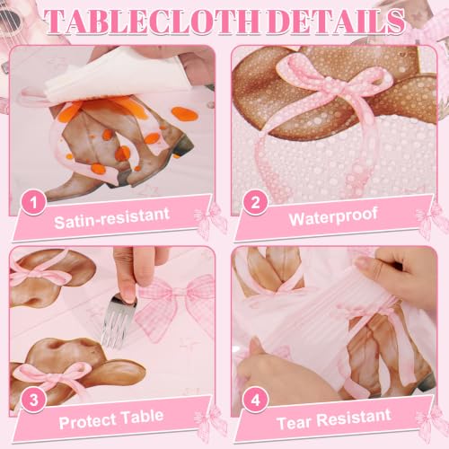 Image of 3 Pack Coquette Bow Cowgirl Tablecloths, Cowgirl Birthday Party Supplies | Boots and Bows Tables Cover Disposable Cowgirl Table Cloth for Girls Western Rodeo Birthday Bachelorette Party 54 X 108Inch