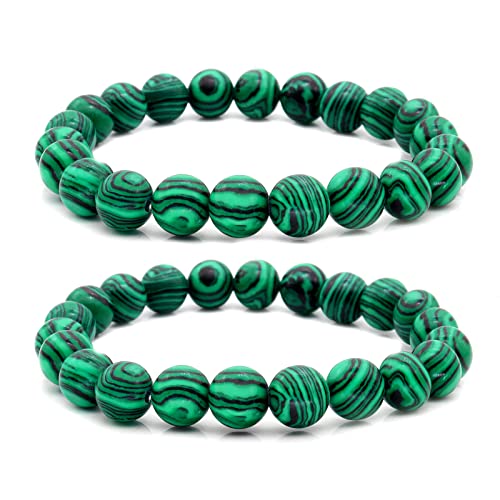 HUJUON 2Pcs Natural Malachite Bracelet Set,Handmade Gemstone Malachite Stone Beaded Stretch Bracelets Yoga Natural Stone Beads Bracelet for Women Men