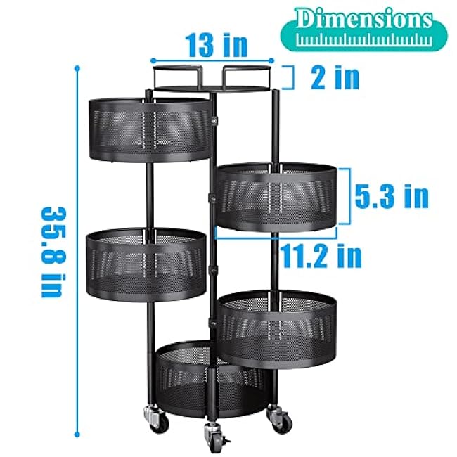 SAYZH Fruit Vegetable Basket for Kitchen, Rotating Storage Rack, 5 Tier Rolling Cart with top lid, Large Metal Wire Wheels, Black-aaREJMFQ