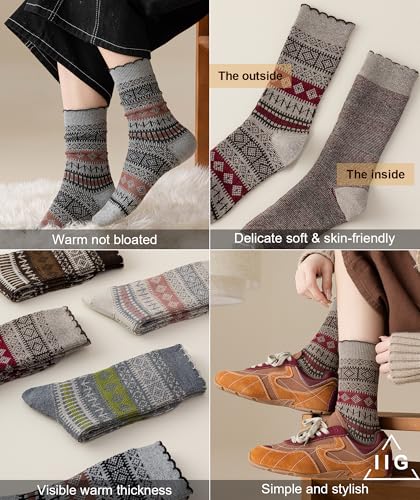 Image of IIG 3-5 Pairs Womens Vintage Cozy Crew Socks Soft Cute Neutral Cotton Socks Exquisite Patterns Socks Gift