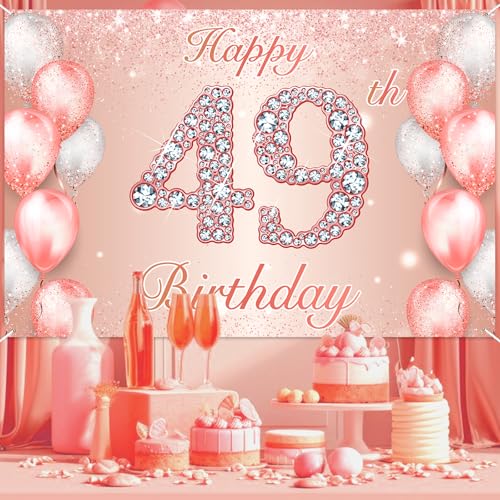 Image of Happy 49th Birthday Rose Gold Banner Cheers to 49 Years Old Backdrop Confetti Balloons Theme Decor for Women 49 Years Old Pink Birthday Party Decorations Bday Supplies Background Favors Gift Glitter