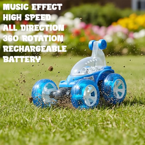 Image of USB Rechargeable 360 Remote control Stunt Car Toy for Kids, Big Size 4WD RC Racing Car for Boy & Girls with RGB Lights Music,Anti-Skid Rubber Tires, Age 4+, Indoor Outdoor Play(9802 BLUE)