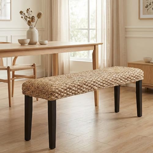 Image of Solid Wood Acacia Indoor Bench with Natural Woven Seat, Boho Bench Entryway, Wood Bench for Living Room, Wooden Bench for Bedroom, Farmhouse Entryway Bench, Dining Benches (Black, Water Hyacinth)