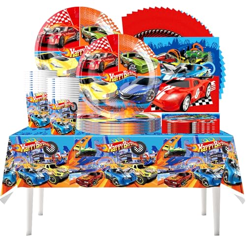 Conjunto de louça para festas de aniversário com tema de corridas Hot Wheels de 61 peças, ideal para comemorações de aniversário infantil, com decorações com tema de corrida