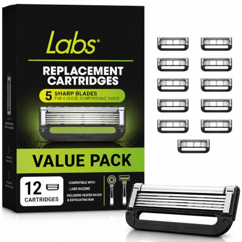 Labs Mens Razor Blade Refills 12 Pack 5 Ultra Sharp Steel Blades Per Cartridge Compatible with Labs Heated Razor & Exfoliating Bar Handles Premium Shaving Replacement Cartridges