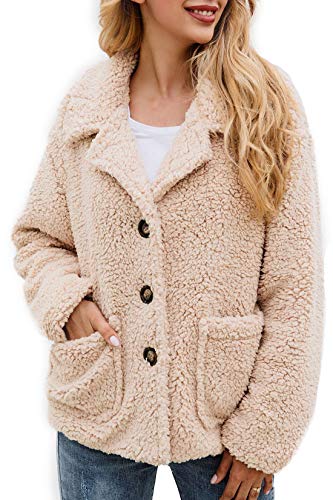 Minipeach Women's Coat Casual Lapel Fleece Fuzzy Cozy Fit Cardigans Shearling Button Winter Coat Jackets with Pockets Beige