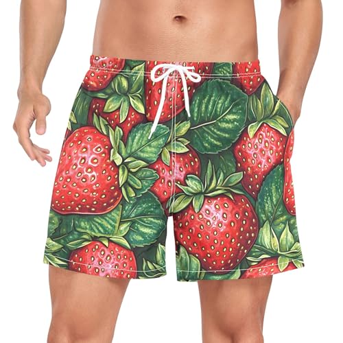xigua Red Strawberries Mens Swim Trunks with Liner, 5 inch Quick Dry Mens Boardshorts for Beach
