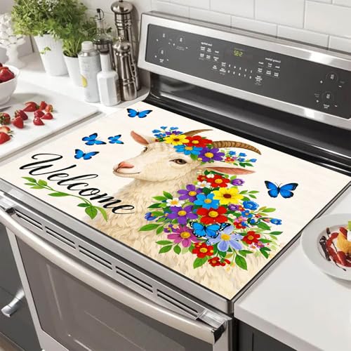 Image of HOMETITUTE Spring Stove Top Cover 28x20 Welcome Goat Floral Heat Resistant