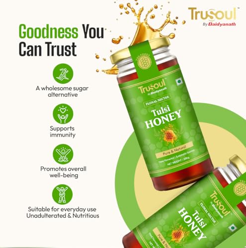 Image of TruSoul Pure & Natural Tulsi Honey 500g | Wild Forest Sourced | Natural Immunity Booster | Raw & Unprocessed Honey | No Adultration | Glass Jar | Lab Certified (Pack of 3)