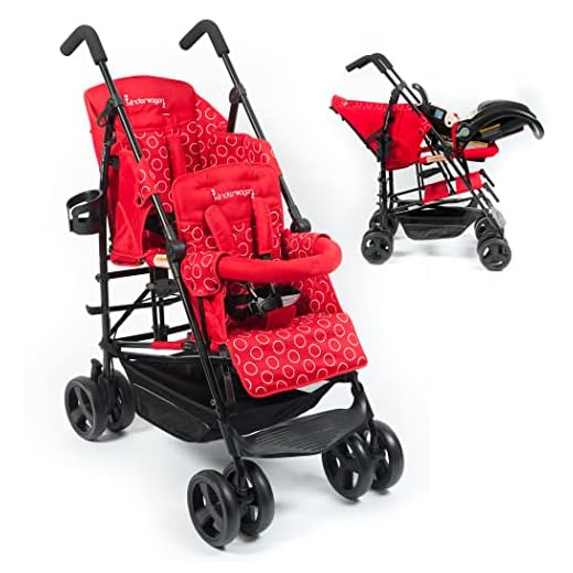 Kinderwagon HOP Lightweight Double Stroller - Umbrella Stroller, Twin Stroller Compatible with One Infant Car Seat, Smooth Infant and Toddler Double Stroller, Includes Rain Cover & Cup Holder (Red)