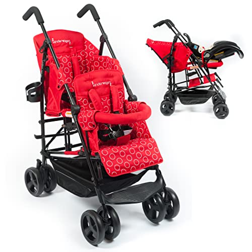 Kinderwagon HOP Lightweight Double Stroller – Umbrella Stroller, Twin Stroller Compatible with One Infant Car Seat, Smooth Infant and Toddler Double Stroller, Includes Rain Cover & Cup Holder (Red)