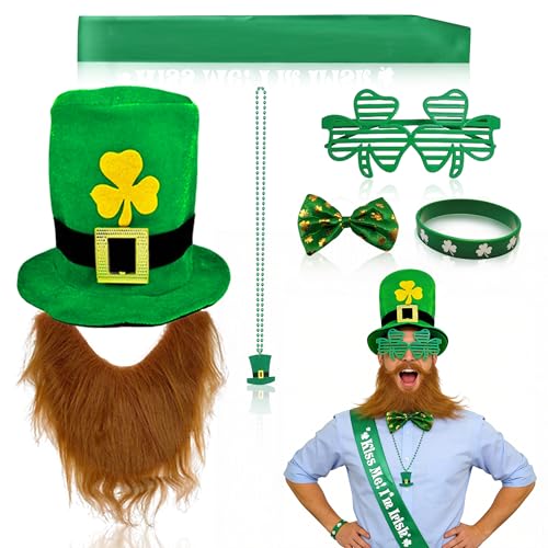 YinnFeen 7 Pièces Accessoires Costume St Patrick, Accessoires St Patrick avec Chapeau Trèfle Barbe Noeud Papillon Lunettes Trèfle Collier Écharpe Satin et Bracelet...