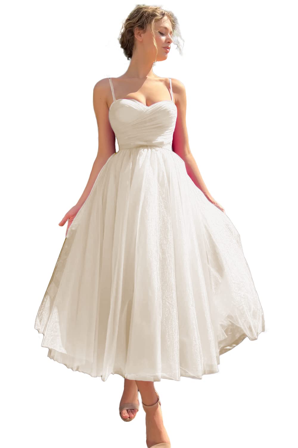 Sevintage Spaghetti Straps Tulle Prom Dress Tea Length Formal Party Evening Dress with Pockets