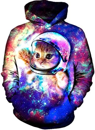 RAISEVERN Men and Women Novelty Fleece Hoodies Galaxy Space Astronaut Cat Printed Pullover Athletic Sweaters Long Sleeve Oversized Fleece Hooded Sweatshirts