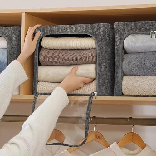 Image of Yellow Weaves 2 Pcs Clothes Organizer for Wardrobe, Foldable, Stackable, Space Saver Closet Basket, Cupboard Almirah Organizer, Storage Box for Clothes (Grey, Large)