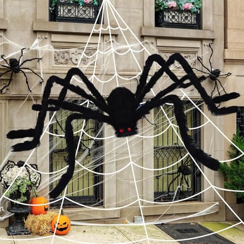 Muorruo 5 m Giant Spider Web 150 cm Hairy Spider and Stretchy Cobwebs Halloween Decorations Creepy Artificial Spider with Triangular Large Spider Web Large Props