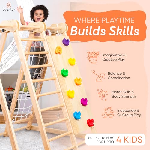 Image of Avenlur 8-in-1 Indoor Play Gym - Toddler Jungle Gym for Kids Ages 2-6 - Indoor Playground Wooden Climbing Playset with Slide, Monkey Bars, Ladder, Rope Ladder, Rock Climbing, Swing, Rings, Disc Swing