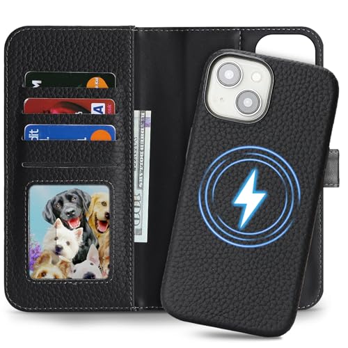 Image of Detachable Genuine Leather Case for iPhone 15 Wallet Case Magnetic 2in1 Removable Flip Cover Book Purse Compatible with Magsafe Charging Kickstand Card Holder-Black