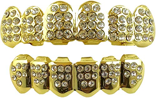 24K Plated Joker Gold Grillz for Mouth Top Bottom Hip Hop Teeth Grills for Teeth Mouth + 2 Extra Molding Bars + Microfiber Cloth (Gold CZ)