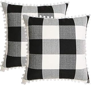 PiccoCasa 2 Pcs Buffalo Check Plaid Throw Pillow Cover with Pompoms, 45 x 45cm, Retro Checkers Decorative Cushion Cover for Sofa Couch Bed Car Seat Decor, Black Beige White