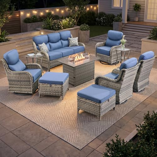 Bellefurn Luxury Patio Furniture Set 10pcs with 6-inch Cushion, Outdoor Furniture with Fire Pit Table, Swivel Chairs, Sofa, Side Table, Ottomans, Patio Set for Deck Yard Grey Wicker | Blue Cushions