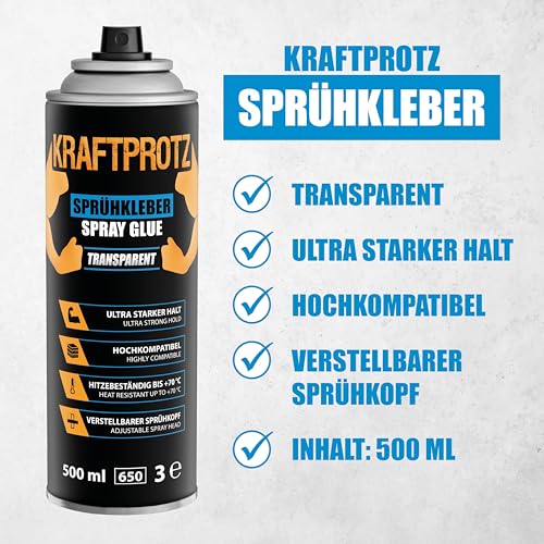 Sprühkleber extra stark 500 ml – für Schaumstoff, Filz, Leder, Holz, Gummi & Akustikpaneele – ideal für Dachhimmel, Möbel, Modellbau, DIY & KFZ-Ausbau – transparent & hitzebeständig – KRAFTPROTZ