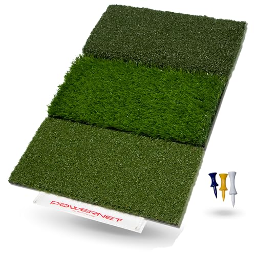 PowerNet Tri-Turf Golf Hitting Mat, Artificial Grass Practice Mat, 25" x 16" Hitting Space, Golfing Accessories Training Aid to Improve Swings