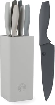 MasterChef Knife Set with Block, 7pc Kitchen Knives Set with Holder, Grey