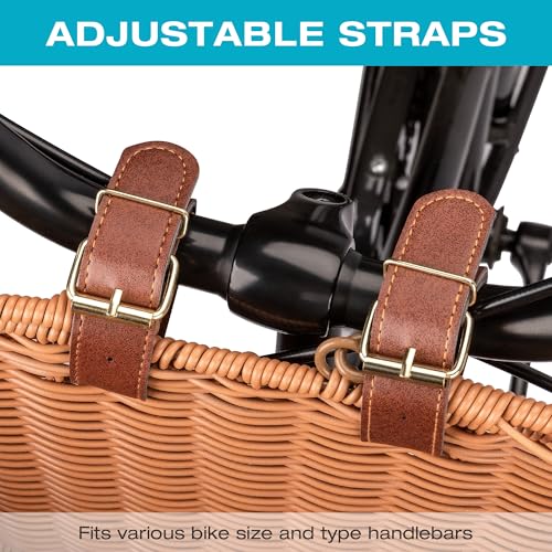 CXWXC Bike Basket - Durable Front Bicycle Bike Baskets - Handmade Woven Wicker Bike Basket with Adjustable Leather Straps (Brown)