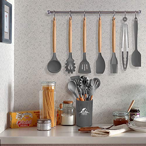 Mibote 17 Pcs Silicone Cooking Kitchen Utensils Set With Holder, Wooden Handles Silicone Turner Tongs Spatula Spoon Kitchen Gadgets Utensil Set For Nonstick Cookware (Grey) #TOP6