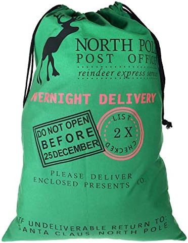 TRIXES Santa Sack Green, Christmas Reindeer, Post Office, Draw String Present Bag Sack, Xmas Present Sack for Kids, Festive Gift, Christmas Bag for Presents