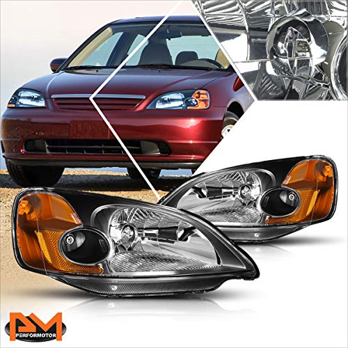 Headlights Assembly Set Compatible with Honda Civic EM/ES 01-03 Headlamps with Black Housing Amber Corner