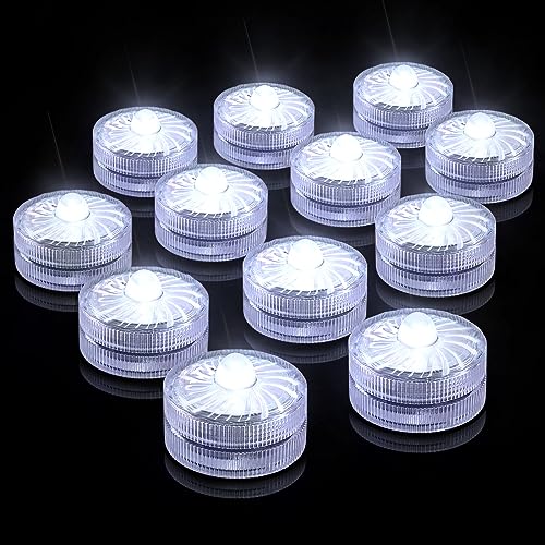 HL Submersible LED Light,White Small LED Light,100 Hours Waterproof Flameless Led Lights Battery Powered for Wedding Home Vase Festival Party Decoration 12pcs (Built-in 24 Batteries)