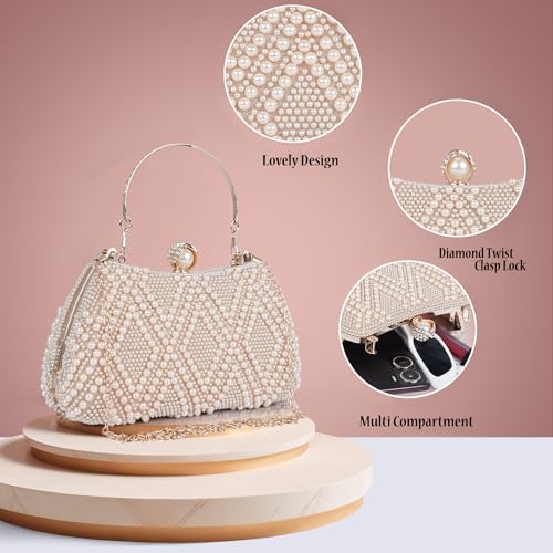 Image of Lady Quinton Pearl and Rhinestone Evening Clutch Bag, Bridal Party Handbag with Chain Strap