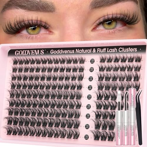 Goddvenus Natural Lash Clusters Kit Wispy Cluster Eyelash Extensions Kit, Fluffy DIY Lash Extension Natural Look False Eyelashes, D Curl Individual Lashes (D Curl 162pcs)