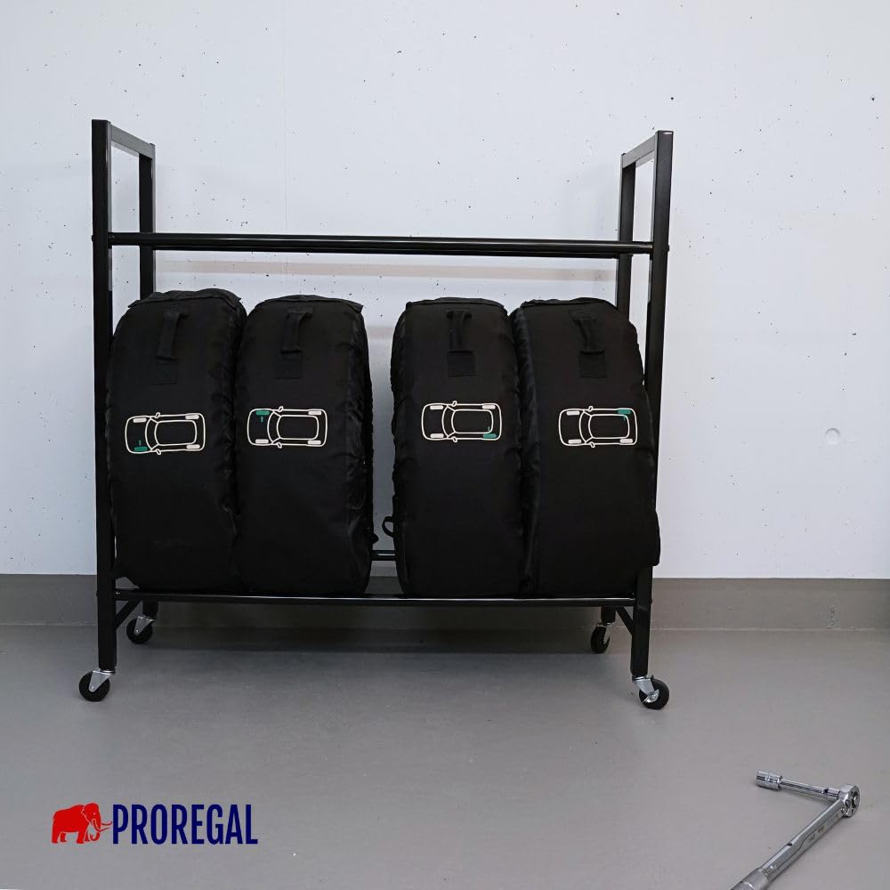 PROREGAL Carrero Étagère à pneus sur roulettes H x l x P 115 x 111 x 40 cm pour jusqu'à 8 pneus sur 2 niveaux Noir Porte-pneus avec roues Étagère de garage Étagère d'atelier Étagère de cave pour pneus
