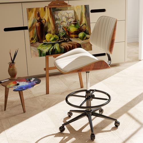 Image of Drafting Home Office Chair, Swivel Desk Chair with Bend Wood Backrest, Ergonomic Office Chairs with Adjustable Height and Footrest Ring for Bar Lab Counter Height Desk and Drawing (Ivory)