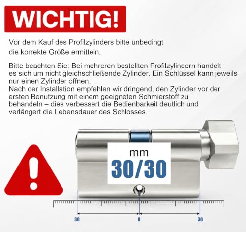 Hengsong Knaufzylinder 30/30 Zylinderschloss 60mm mit 8 Schlüsseln