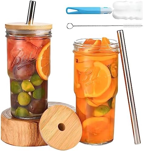 SYOUACEND 2 Pack 24oz Glass Tumbler Cup with Bamboo Lid and Straw, Reusable Mason Jar Drinking Glasses Iced Coffee Cup, Wide Mouth Glass Bottle for Bubble Tea, Smoothies, Juice, with 2 Cleaning Brush