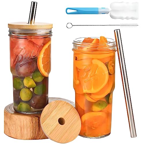 Syouacend 2 Pack 24Oz Glass Tumbler Cup With Bamboo Lid And Straw, Reusable Mason Jar Drinking Glasses Iced Coffee Cup, Wide Mouth Glass Bottle For Bubble Tea, Smoothies, Juice, With 2 Cleaning Brush #TOP3