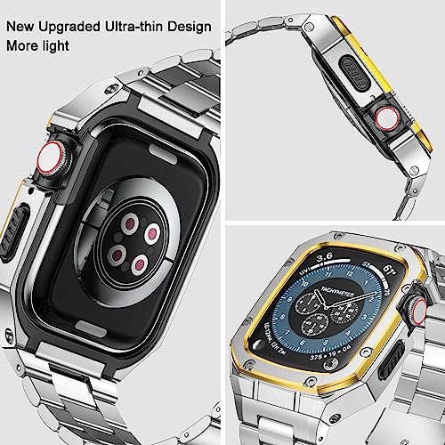 Image of BAITEYOU Stainless Steel Band with Case Compatible with Apple Watch Series SE 3 2 1 /6 5 4 (44mm), Series 3 2 1 (42mm), Metal Protective Bumper Rugged Cover for iWatch Bands Men (Silver /Gold)